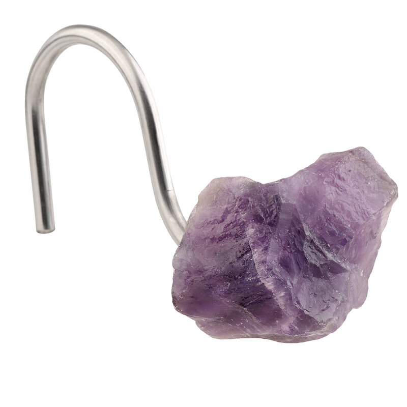 Natural Amethyst Crystal Stone Shower Curtain Hooks Rough Gemstone Stainless Steel Curtain Rings For Bathroom Home Decor