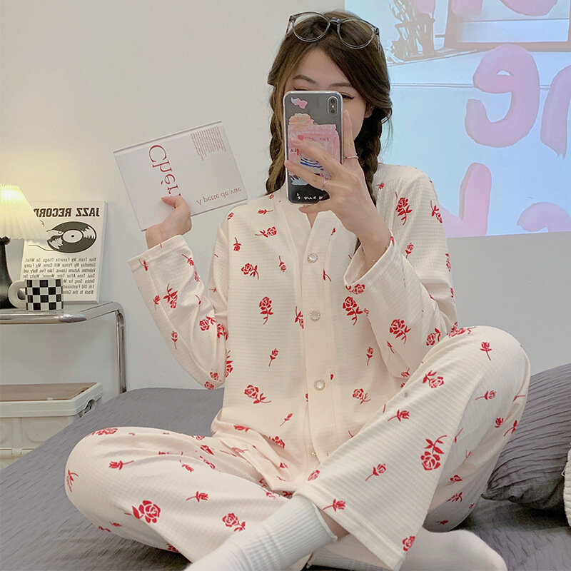Женский пижамный комплект из 2 предметов, пижама из 100% хлопка, женская пижама, женская домашняя одежда, одежда для сна, рубашка с длинным рукавом и брюки, костюм