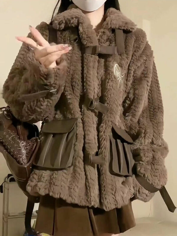 Japanese Korean Style Lamb Wool Jackets Women 2023 New All-Match Loose Furry Coat Ladies Fashion Streetwear Pockets Plush Coats