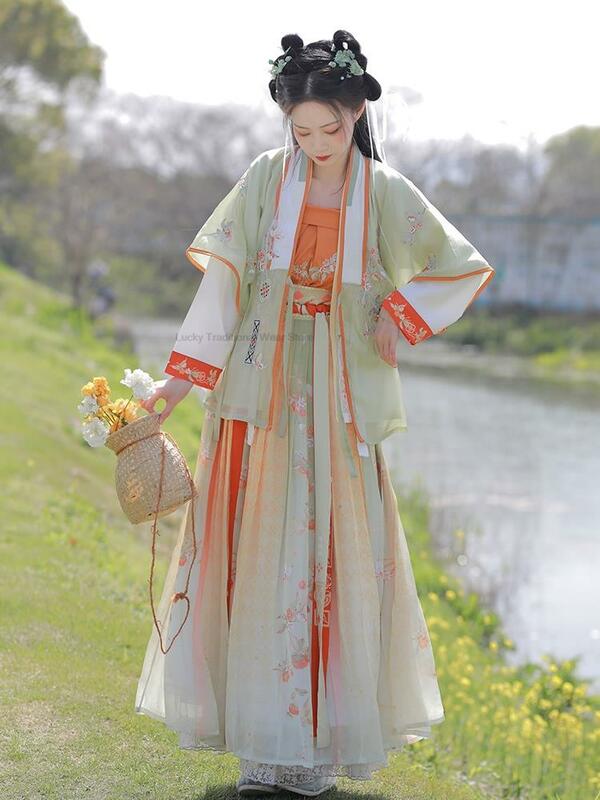 Lente Nieuwe Chinese Traditionele Song Dynastie Retro Prinsessenjurk Set Meisje Geborduurde Hanfu Jurk Fotografie Cosplay Hanfu