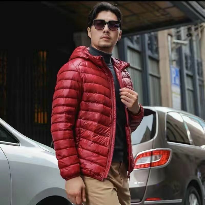 Jaqueta leve com capuz masculina, quente, à prova de frio, tamanho grande, gola alta, casaco casual, top monocromático, moda masculina, inverno