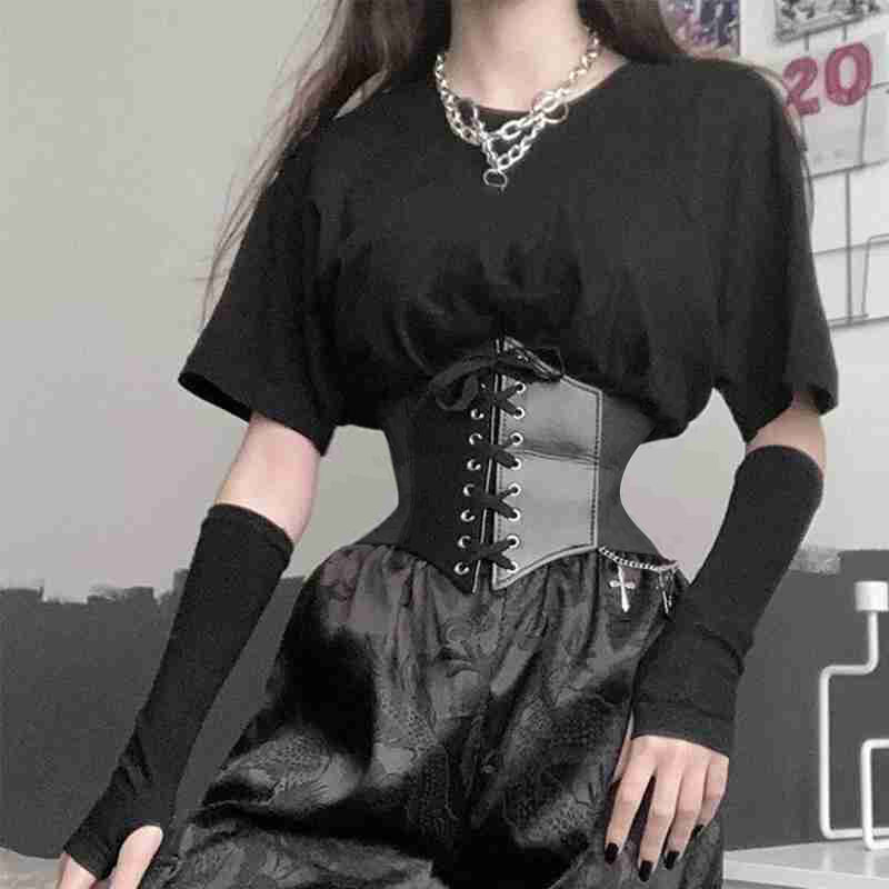 Cinto de espartilho feminino gótico de couro PU, cintos de emagrecimento, vintage, preto, largo, moda feminina, feminino