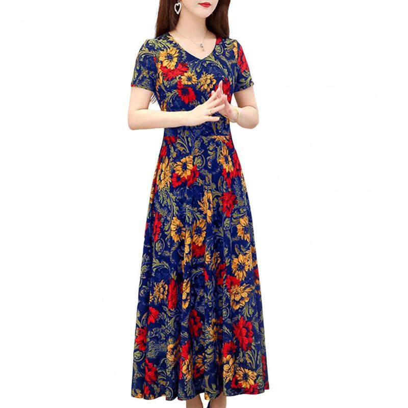 Women Maxi Dress V Neck Flower Print Short Sleeve Ankle Length Loose Dress-up Vintage Pullover Summer Dress Women Clothes