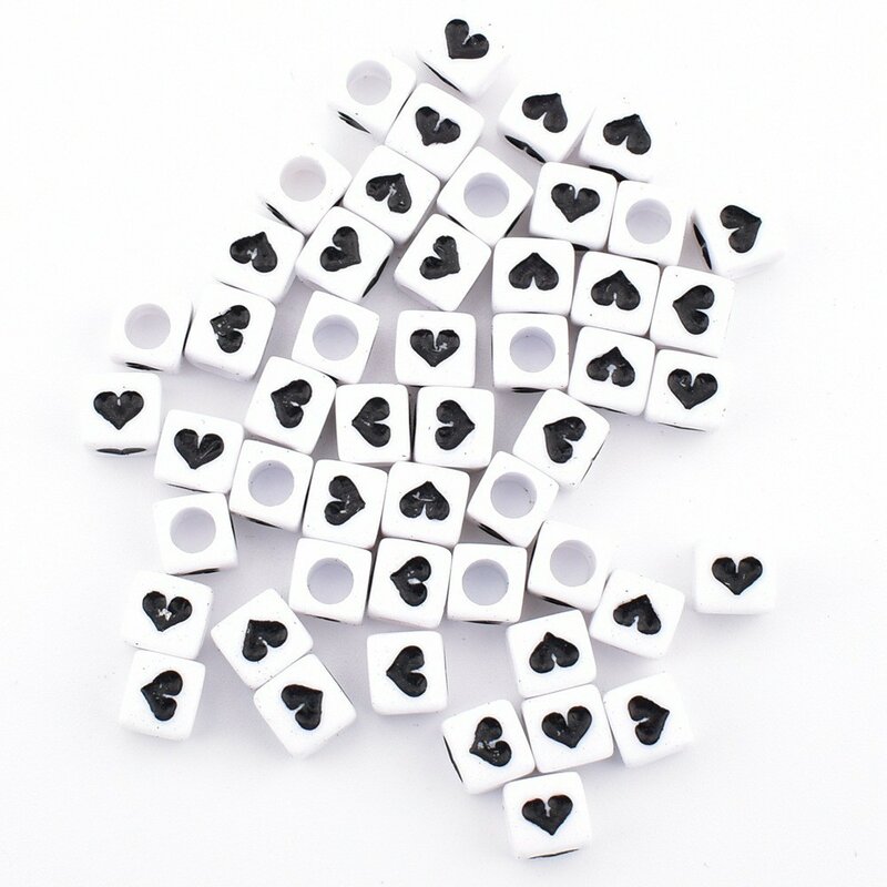 DIY Contas de letras acrílicas para fazer jóias, fundo branco quadrado, amor preto, 6x6x3mm, 50pcs por lote
