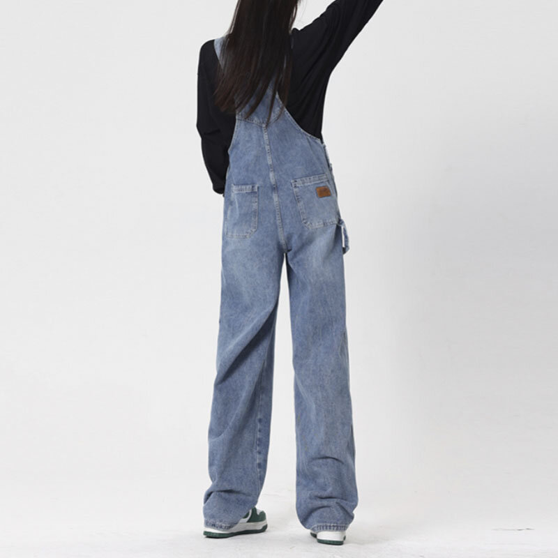 Y2K винтажный синий женский джинсовый комбинезон одежда с высокой талией удобные свободные прямые джинсовые брюки