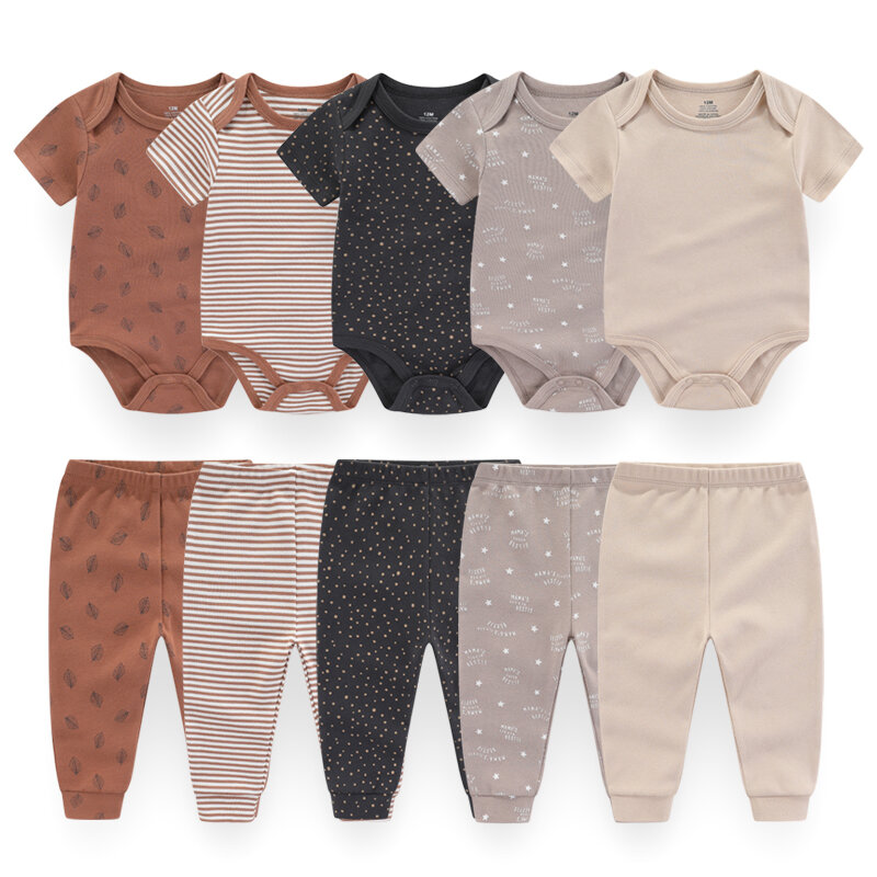 Ensemble de vêtements unisexe en coton pour nouveau-né, 6/9/10 pièces, combinaison + pantalon pour bébé fille, imprimé dessin animé, manches courtes