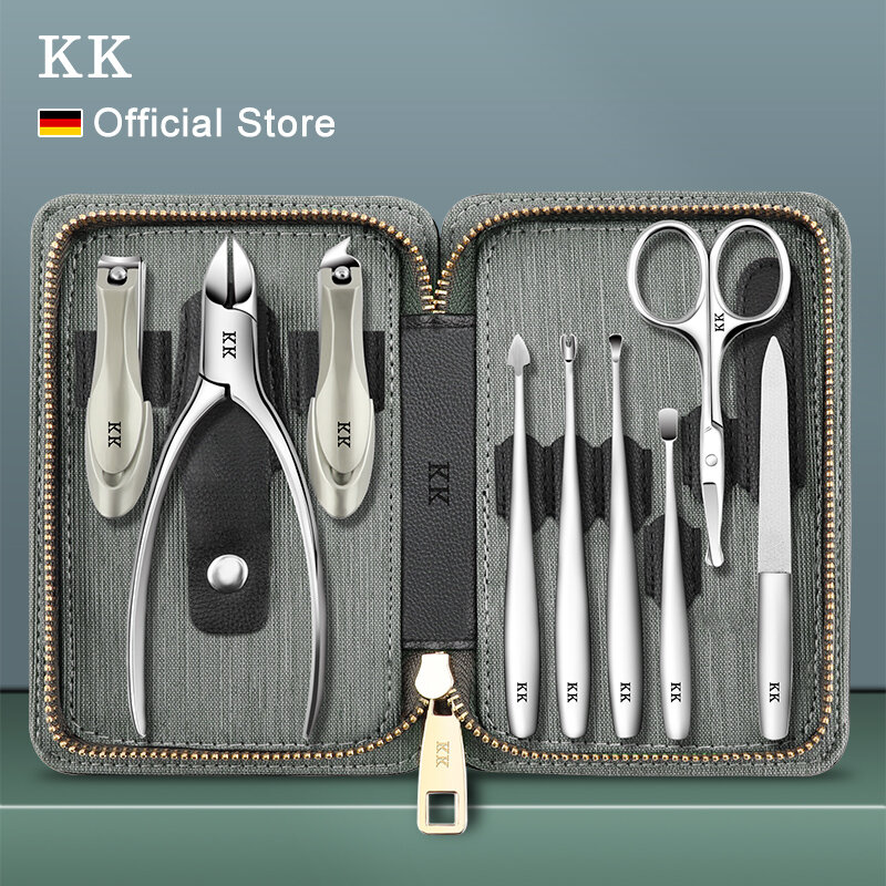 KK-Juego de manicura 9 en 1 para pedicura profesional, herramienta de acero inoxidable para cortar uñas, Kit de estuche de viaje para el cuidado de los pies y las manos
