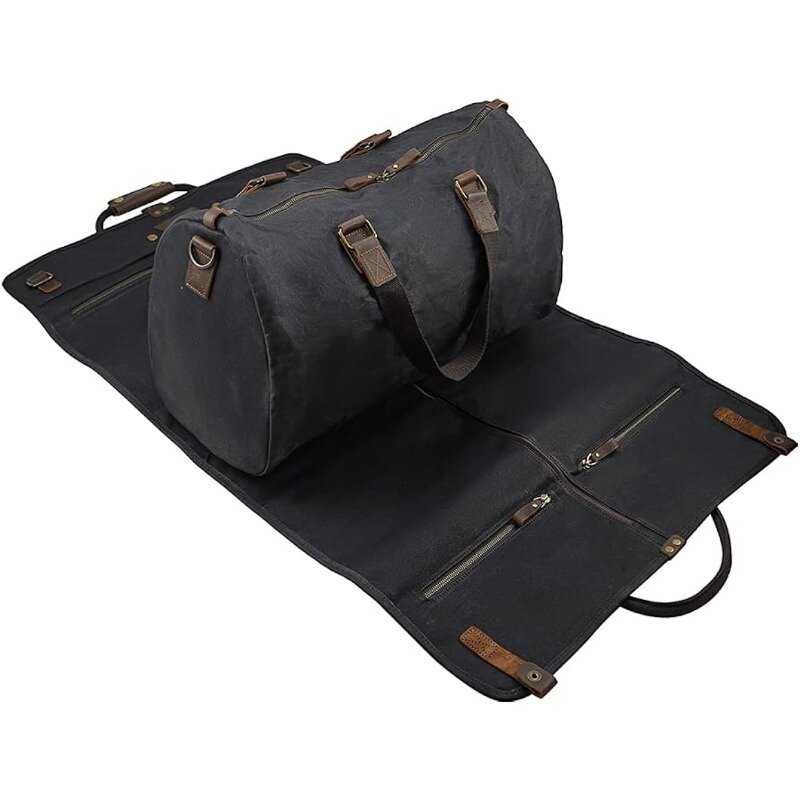 Canvas Leather Suit Luggage Garment Bag with Shoulder Strap for Travel and Business Trips