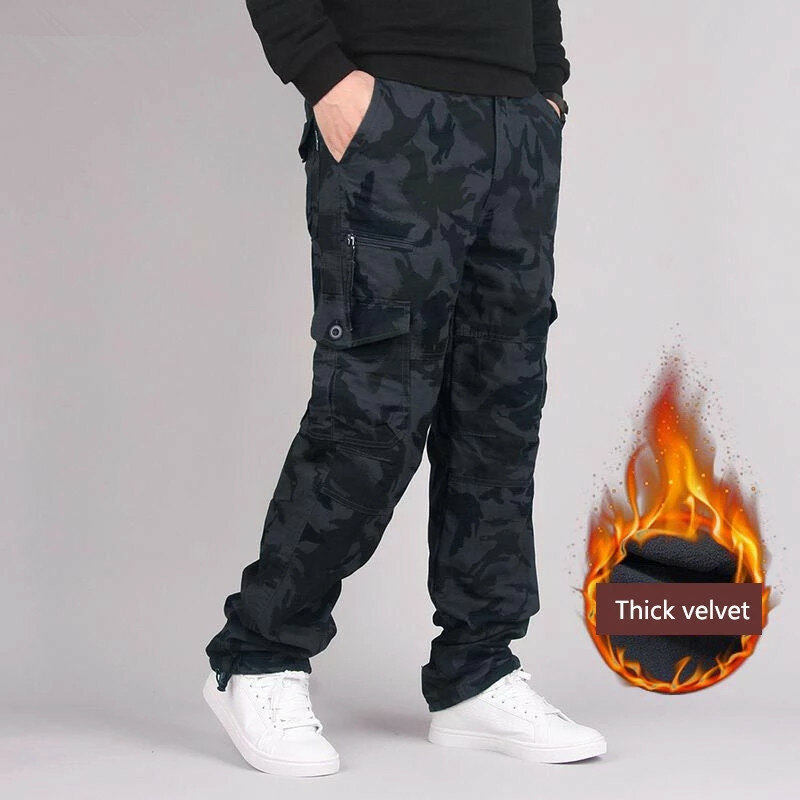 Зимние плотные флисовые брюки-карго, мужские повседневные двухслойные теплые длинные брюки, верхняя одежда, спортивные мешковатые тактические хлопковые брюки