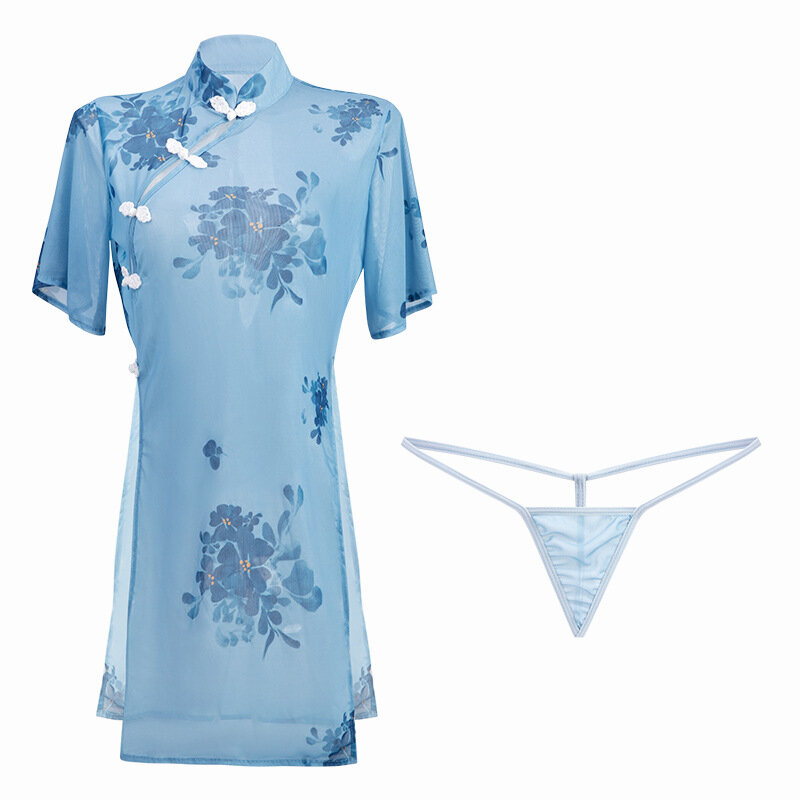중국 스타일 치파오 란제리 잠옷, 유혹적인 꽃 프린트, 관점 미니 Qi Pao 잠옷, 하이 스플릿 드레스 잠옷