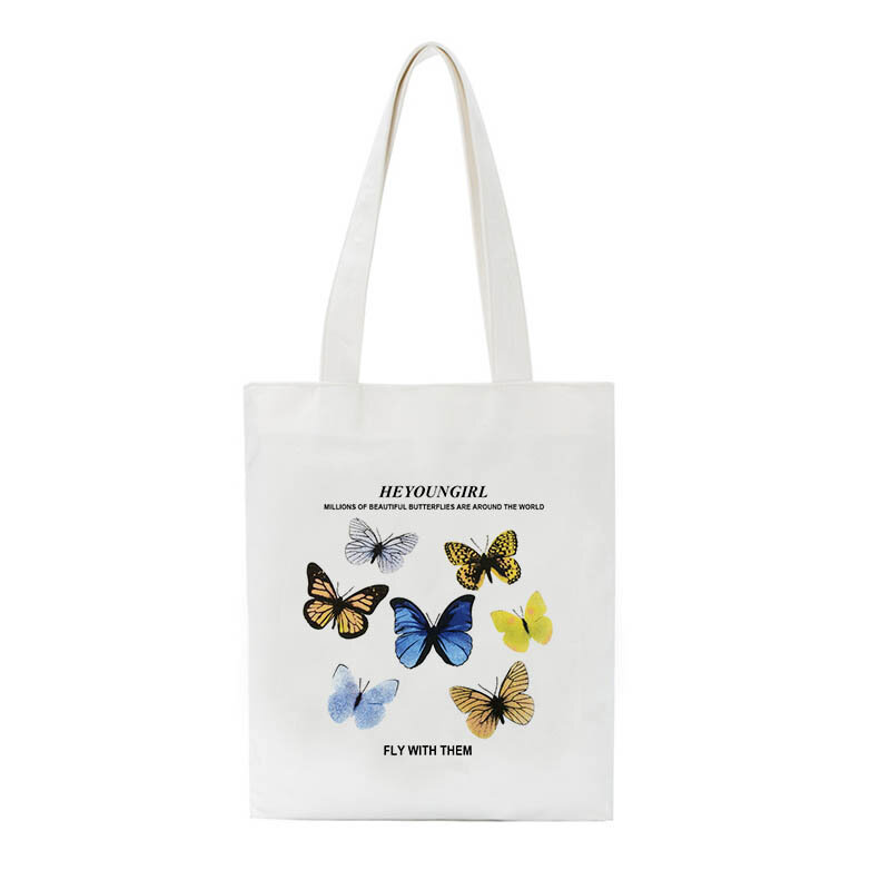 шопер эстетичный сумка женская шопер сумка сумка тоут пляжная сумка Летняя винтажная НОВАЯ шикарная Милая Корейская холщовая женская сумка через плечо в стиле ольччан Харадзюку С мультяшным принтом бабочки