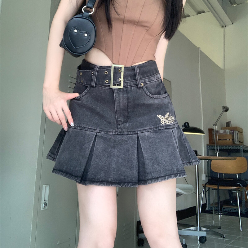 2023 New Fashion Printed Pleated black Denim Skirt High Waist Mini Skirt Y2K Retro Sweet Cute Sexy Streetwear Summer Women Skirt