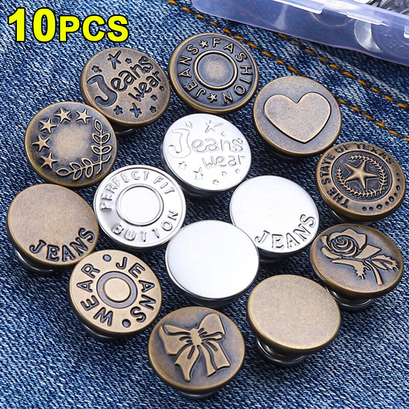 10pcs Jeans Buttons Detachable Metal Button Snap Fastener Pants Jeans Sewing-Free Buckles Nailless Waist Adjuster Screwdriver