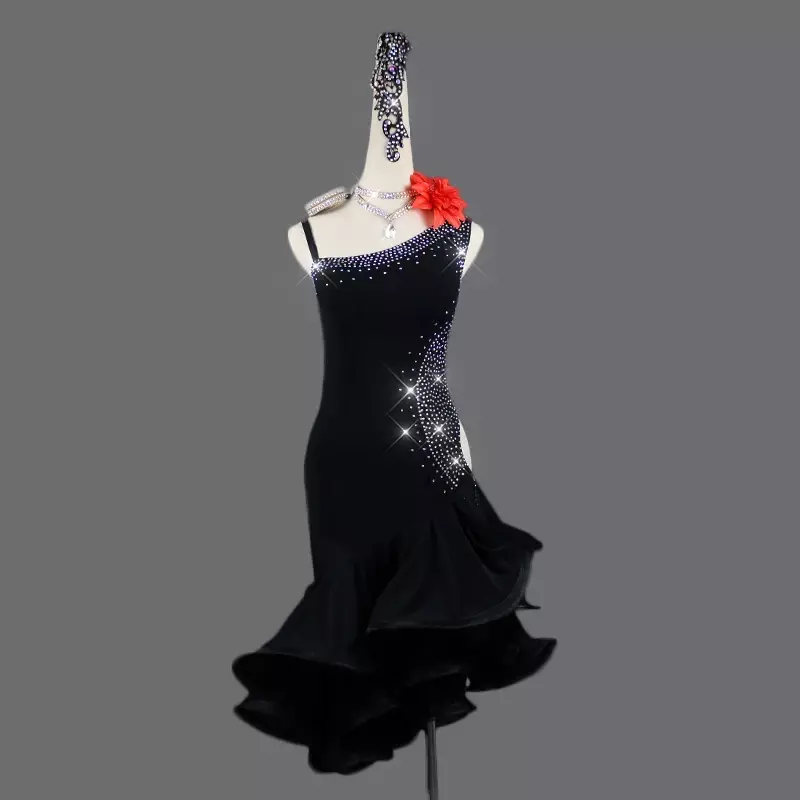 Vestido de baile latino para mujer, falda de rendimiento de competición, borla negra personalizada, Sexy, tela elástica, Verano