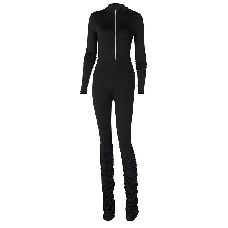 Black Stacked Stretchy Bodycon Jumpsuits Women Turtleneck Slim Solid Streetwear Active Casual Work Out Rompers Fashion Outfits