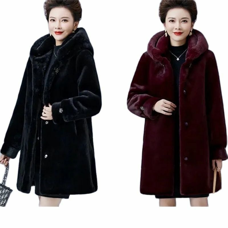 2023 New Mink Coat Female Mid-Elderly Mother Whole Mink Fur Mid-Long Parka Mother's Mink Velvet Coat Imitation Fur Coat Hooded