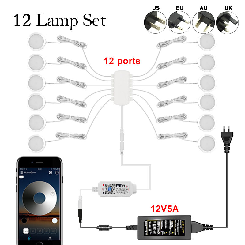 와이파이 앱 제어 원격 제어 LED 캐비닛 아래 램프, DC12V 퍽 라운드 21LED 옷장 조명, 찬장 조명