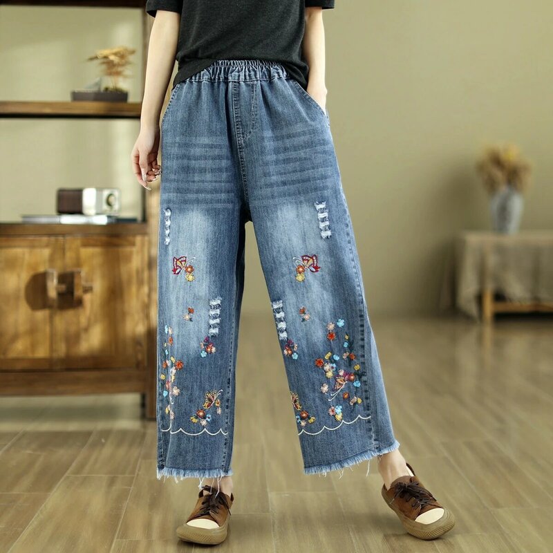 Calça jeans feminina bordada com flor de Aricaca, harém, solta, cintura alta, perna larga, moda