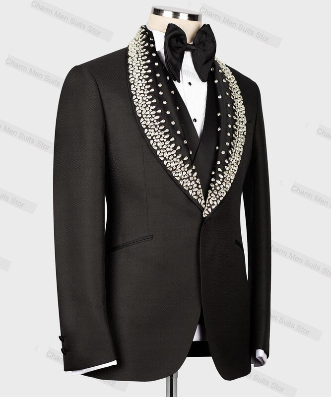 ชุดสูทสูทสำหรับผู้ชายประดับคริสตัลสีดำเสื้อเบลเซอร์ + กางเกงแจ็คเก็ตสั่งตัดแบบทางการสำหรับงานพรอมเจ้าบ่าวงานแต่งงานทักซิโด้โค้ทแจ็คเก็ต