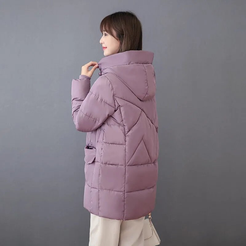 Średniej długości damska puchowy płaszcz bawełniany wiatroszczelna kurtka z kapturem zimowa na co dzień luźna puchowa kurtka na zamek błyskawiczny