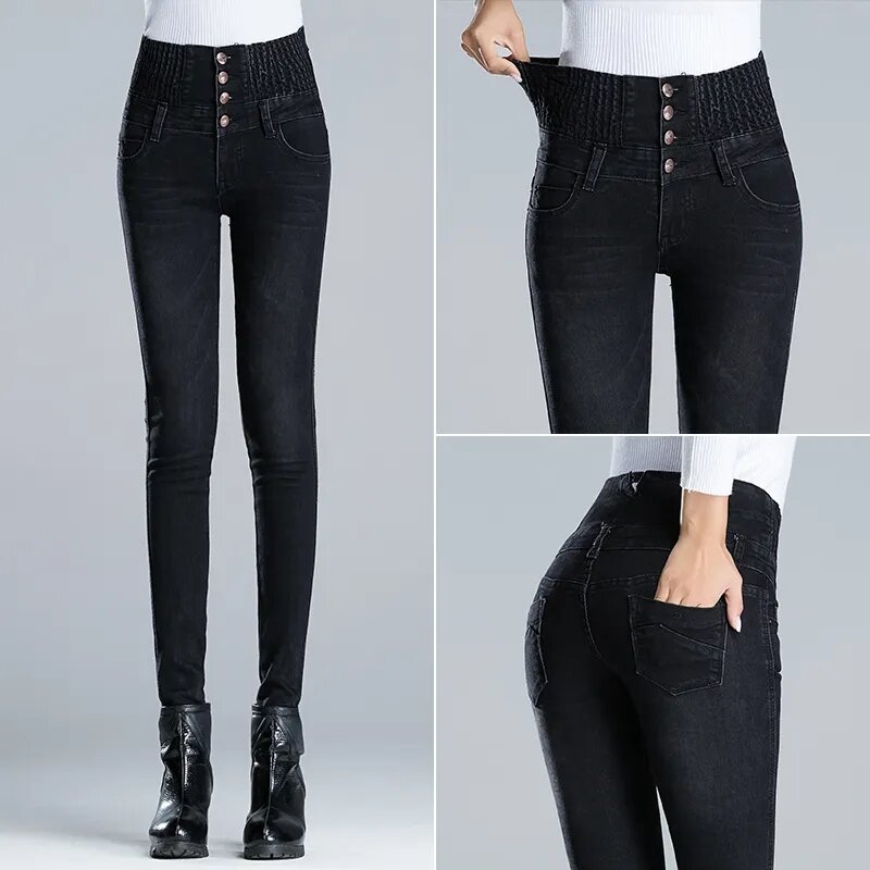 Bardzo wysokie talia pogrubiona obcisłe dżinsy rurki za duże 95kg spodnie jeansowe ołówkowe zimę Plus aksamitne ciepłe spodnie typu Vaqueros Slim Stretch