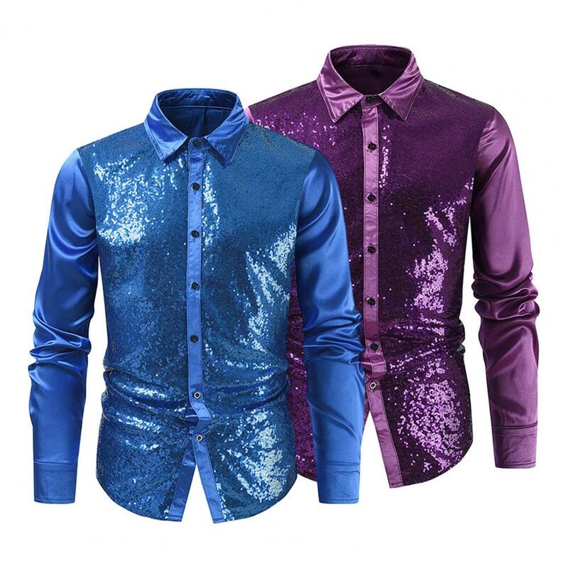 Performance camisa de lantejoulas masculina com gola virada para baixo, cor sólida, mangas compridas, botões cetim, clube, festa, palco