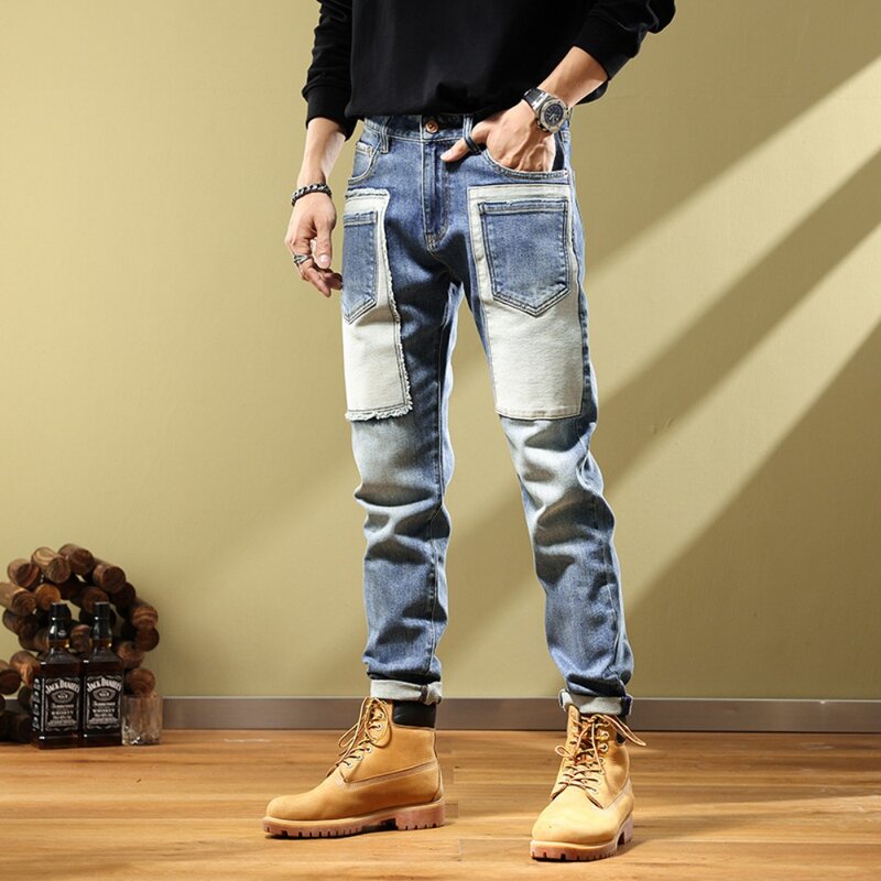 2024 New Fashion Stitching Jeans High Street elastico Slim pantaloni da uomo piccoli Hip Hop abbigliamento a vita media pantaloni Cargo da uomo