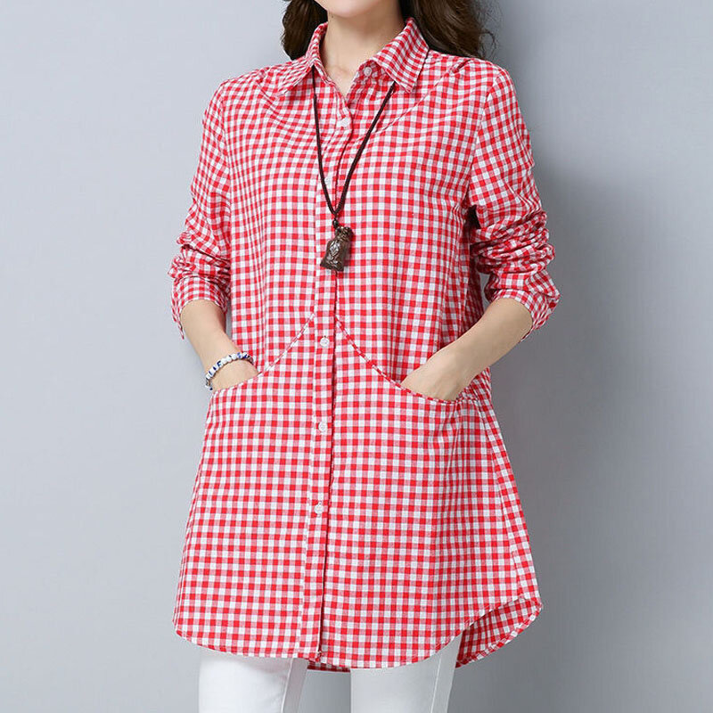 Camisa xadrez casual de manga longa feminina, blusa coreana com gola polo, bolsos de peito único, roupa feminina vintage, moda outono
