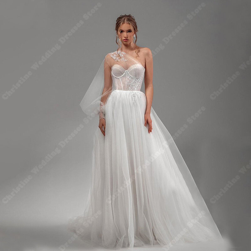 2024 Glitte Lace Printing Wedding Dresses For Women Single Shoulder Long Sleeves A-Line Bridal Gowns Princess Vestidos De Novia