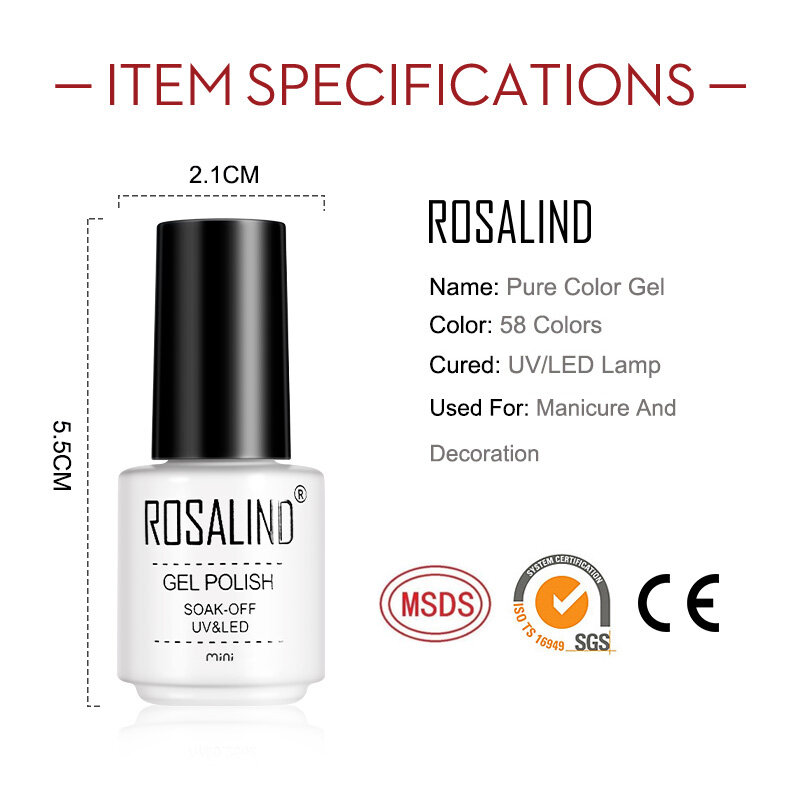 Rosalind น้ำยาทาเล็บเจลเคลือบเล็บกึ่งถาวรแบบสีเจลทาเล็บสีบริสุทธิ์เคลือบเงาแบบไฮบริดสีล้วนสำหรับฤดูใบไม้ผลิและฤดูร้อน