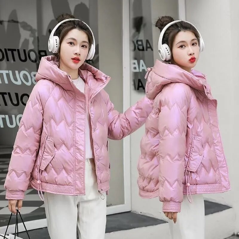 2023 neue Winter Frauen glänzende Parkas Kapuze Baumwolle gepolsterte Jacke weiblichen Mantel dicke warme kurze Outwear Dame Oberbekleidung