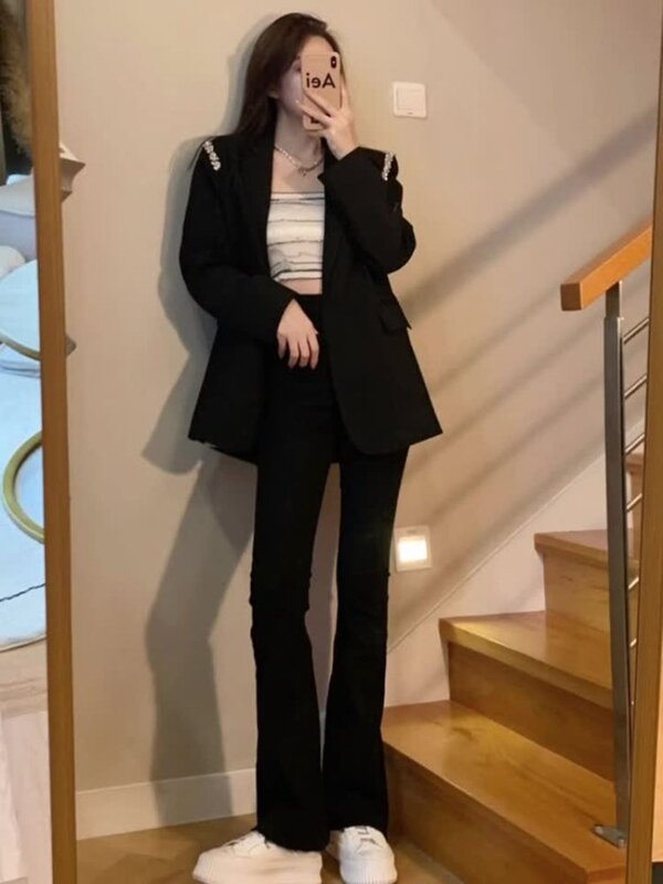 Jaqueta preta para mulheres, nova moda de diamante costurado, design de alta qualidade, blusa solta, primavera e outono, 2024