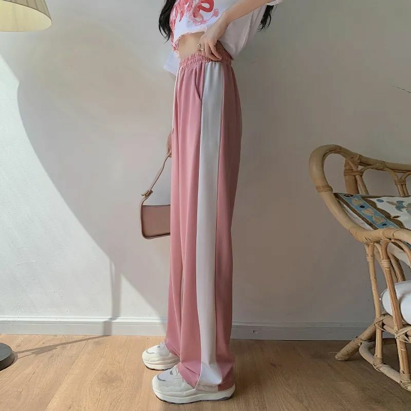 Summer Thin High Waist Loose Fashion Ice Sports Pants Women's Color Blocking Pocket Drawstring Wide Leg Casual Straight Trousers