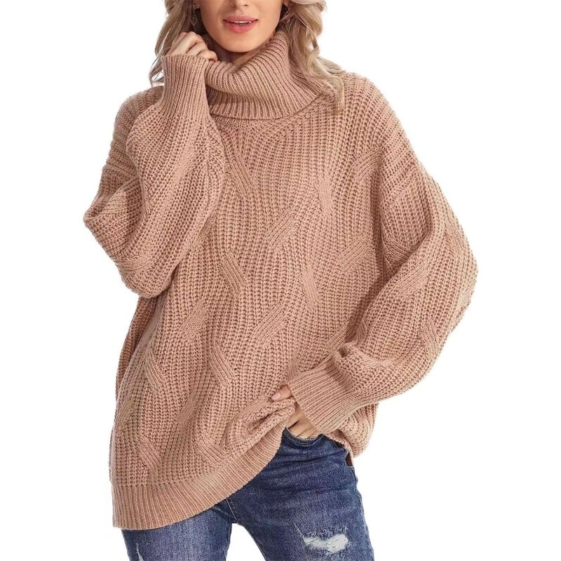 Y166 Damskie swetry golfem Twist Cable, dzianinowe jesienne swetry Modny ciepły top rękawami kształcie skrzydła nietoperza