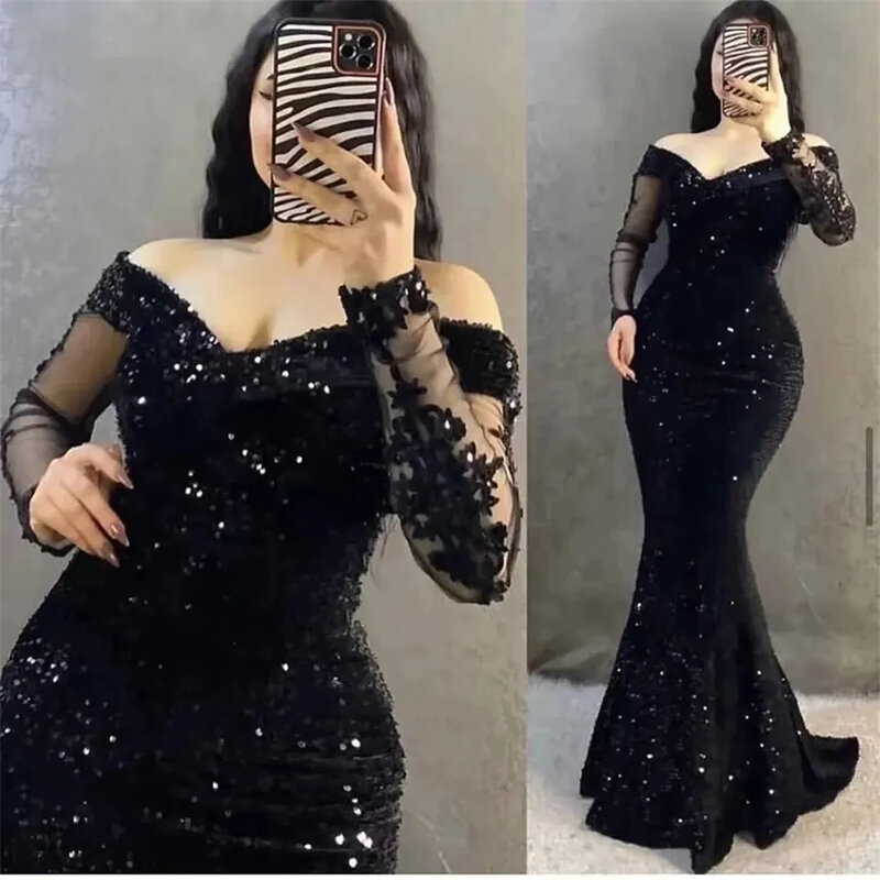Off-Shoulder Formal Occasion Dress Boat Neck Sparkly Sequin Mermaid Lace Appliques Evening dress Floor-Length Prom Party Dress