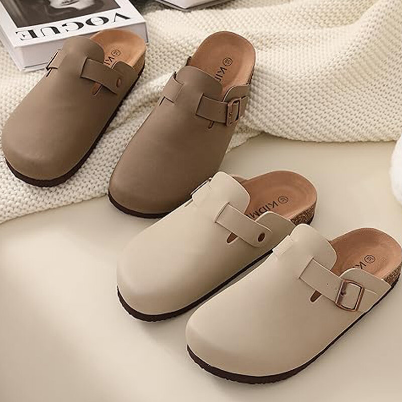 Shevalues Leather Cork Slippers For Women Men Fashion Summer Sandals Shoes Couples Wear Thick-Soled Sandals Classic Mules Clogs