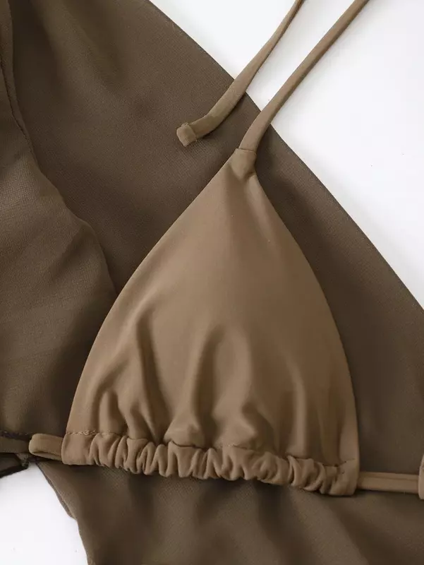 4pcs/set  Solid Halter Triangle Bikini Swimsuit Cover Top With Skirt Set Women Swimwear 2024 Summer Beach Bathing Suit