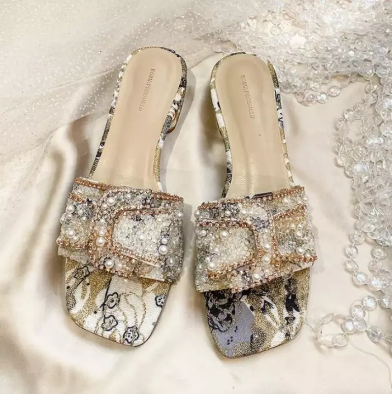 2024 New Chunky Heel Fashion Flat Ladies pantofole con strass scarpe da donna Comfort Summer Peep Toe scarpe da donna Zapatos Mujer