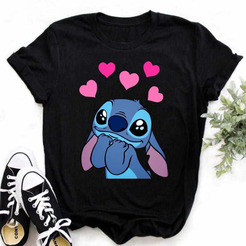 Camiseta Kawaii de Disney Lilo Stitch para mujer, Tops de verano, camisetas con estampado de corazón de puntada de dibujos animados, camiseta de Anime de Disney para mujer