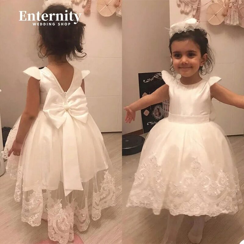 Princesse Enfant A-line O-neck Bow Flower Girl Dress Sleeveless Lace Appliques Ankle-length Ball-Gown Vestidos Para Niñas