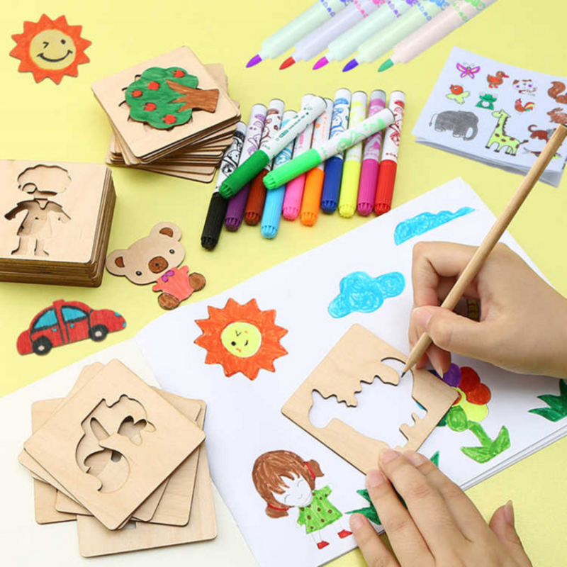 20Pcs Kids Wooden Drawing Stencils Kit Drawing Board Toys Coloring Puzzle Arts Crafts Set Educational Toys for Kids Accessories