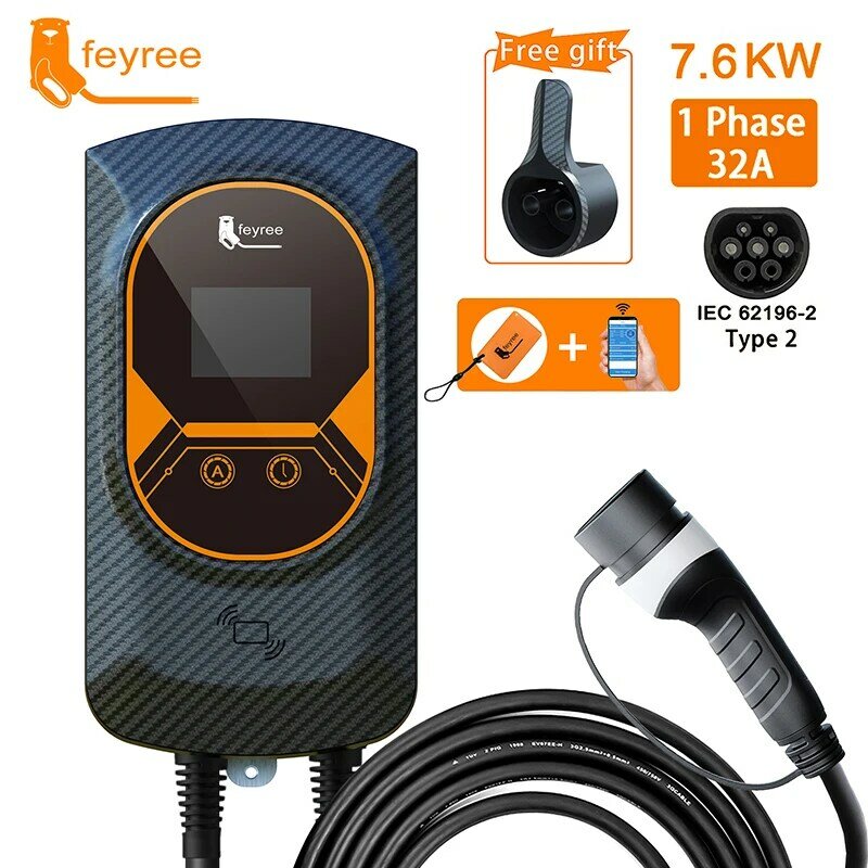 Feyree-EV 충전 스테이션 32A 전기차 충전기, EVSE 월박스 벽걸이 7.6/11/22KW 타입 2 케이블 IEC62196 앱 제어