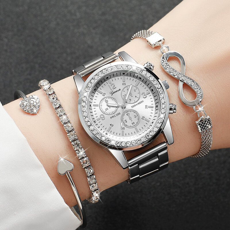 Jam tangan Quartz warna perak modis wanita, Set perhiasan manik-manik Perak & jam tangan Quartz baja anti karat