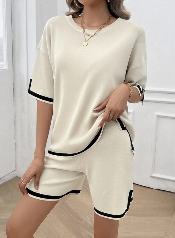 2024 Two Piece Set for Women New Fashion Solid Color Casual Style Short Sleeve Crew-Neck Casual Sweater Pants Set
