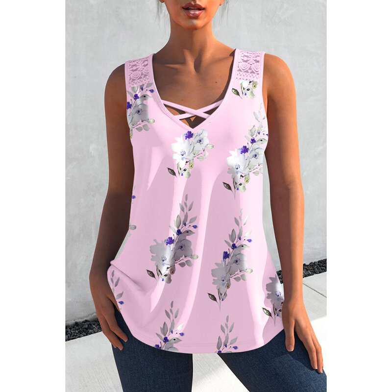 Plus Size Cross Strap Lace Stitching Floral Print Casual Tank Top