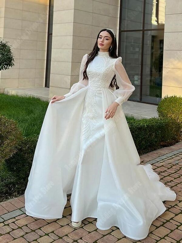 Gaun pernikahan elegan rok besar berlapis manis gaun pernikahan putri applique gaun pengantin lengan panjang disesuaikan Vestidos De Novia