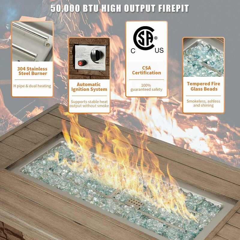 44 Inch Aluminum Propane Fire Pit Table w/Faux Ledgestone, Hand-Painted Table Top, 50,000 BTU Fire Table w/CSA Certification