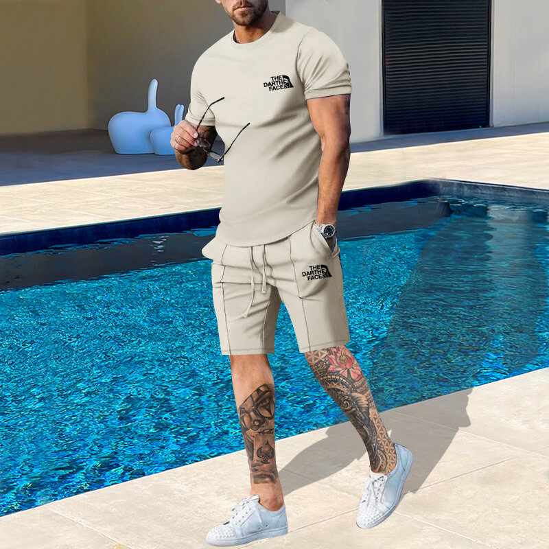 Summer Casual Round Neck Short-sleeved T-shirt Shorts Suit Men's Solid Color High-quality Sports Outdoor Brand Two-piece Set