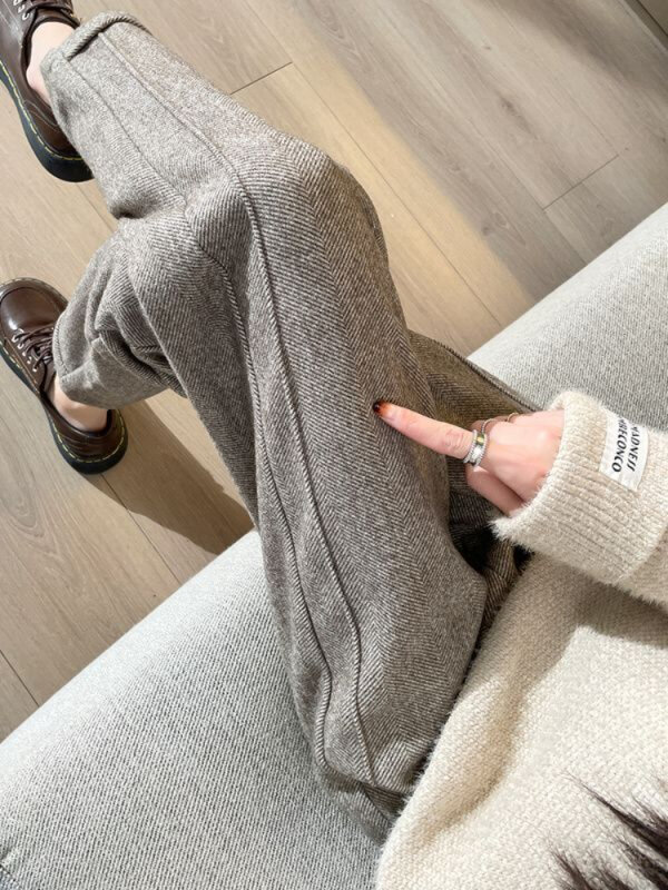 High-waisted Tweed Straight Pants 2024 Autumn/Winter New Women' S Pants Loose Casual Herringbone Warm Thickened Cropped Pants