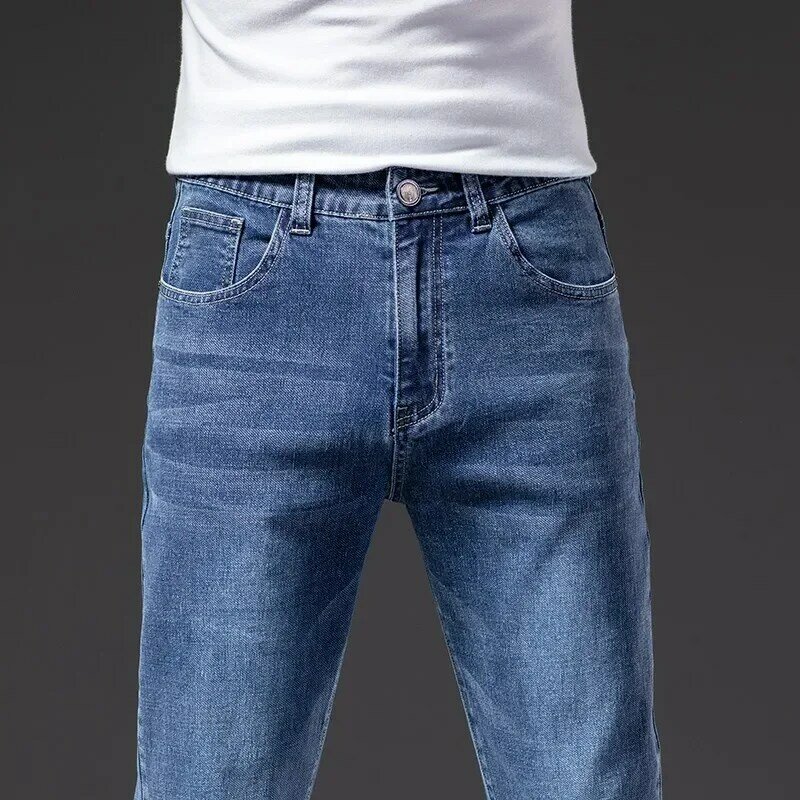 Jeans kain regang tebal untuk pria, pakaian bisnis gaya klasik Denim hitam biru 2024